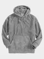 Detailed view of men's grey corduroy long sleeve hoodie with front pouch pocket. - Gray