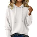 Detailed view of women's white hooded brushed knit sweater featuring drawstrings - S / Tops / White