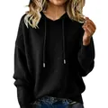 Detailed macro view of a black women's hooded drawstring sweater with soft brushed knit texture - S / Tops / Black