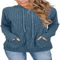 Sudadera con capucha de punto acanalado azul para mujer con bolsillos y cordón - Verde azulado