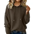 Detailed view of a women's brown hooded drawstring sweater featuring soft brushed knit texture - S / Tops / Coffee