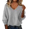 Detailed view of the soft grey knit texture on a stylish women's V-neck autumn sweater - S / Tops / Gray