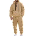 Detailed view of men's tan half-zip hoodie and cargo tracksuit set with multiple pockets - M / Top And Bottom / Off White