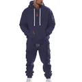 Close-up showing the fit and fabric of navy blue half-zip hoodie and cargo pocket details - M / Top And Bottom / Navy Blue