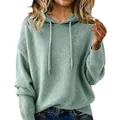 Detailed view of women's sage green hooded sweater with brushed knit texture and drawstrings - S / Tops / Light Green