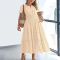 Elegant beige V-neck tiered maxi dress with bubble sleeves for a stylish summer look. - Apricot