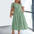 Casual sage green V-neck tiered maxi dress with smocked waist and short sleeves - Light Green