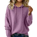 Detailed view of women's purple hooded drawstring sweater with soft brushed texture - S / Tops / Purple