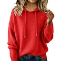 Cozy red hooded knit sweater with drawstring detail and brushed texture for women - S / Tops / Red