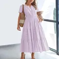 Elegant lavender V-neck puff sleeve tiered maxi dress for women, spring summer fashion style - Light Purple