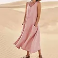 Bohemian sleeveless cotton linen midi dress in pink with side pockets - S / Pink