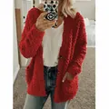 Cozy red fuzzy sherpa cardigan sweater with buttons and pockets for casual winter fashion - S / Tops / Red