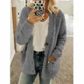 Cozy gray fuzzy teddy cardigan sweater for women featuring a casual open front design - 3XL / Tops / Dark Gray
