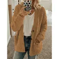 Cozy brown fuzzy teddy cardigan sweater with buttons and pockets - 3XL / Tops / Caramel color