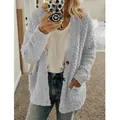 Women's casual grey fuzzy fleece sherpa cardigan coat with pockets for fall and winter - 3XL / Tops / Light Gray