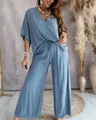 Chic women's V-neck batwing sleeve top and wide-leg trousers casual set in dusty blue - S / Top And Bottom / Teal