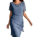 Close-up of elegant dusty blue layered chiffon dress showing the pleated tiered design - 3XL / Dresses / Blue
