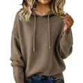 Solid brown long-sleeved hooded knit sweater with drawstrings and brushed texture - S / Tops / Light Coffee