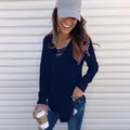 Close-up of a stylish navy blue long-sleeve T-shirt featuring a lace-up V-neck design - S / Tops / Dark Blue