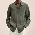Macro view of olive green breathable cotton linen long sleeve button-down shirt for men - S / Army Green