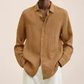 Detailed view of mustard brown long sleeve linen cotton button-down shirt for men - S / Turmeric