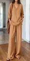 Detail view of women's mustard cotton V-neck long sleeve top and wide leg pants - Coffee