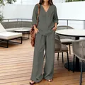 Two-piece washed cotton lounge set featuring a V-neck top and wide-leg pants - Gray