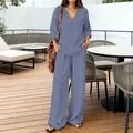 Casual V-neck long sleeve top and wide-leg trousers two-piece set for women - Lavender