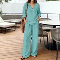 Turquoise casual two-piece lounge set with V-neck long sleeve top and wide-leg pants. - Emerald Green