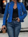 Detailansicht der blauen Jacke aus Wildlederimitat mit zweireihigen Bronze-Knöpfen - S / Oberteile / Blau