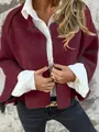 Close-up of oversized burgundy short cashmere jacket with white shirt layering - Burgundy