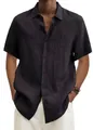Camicia estiva casual a maniche corte da uomo in tessuto traspirante di cotone e lino - Nero