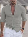 Camicia da spiaggia casual in lino grigio a maniche lunghe da uomo con collo coreana - Grigio