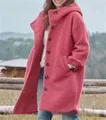Detailed view of a women's rose red hooded wool coat with button closures in an outdoor setting. - 3XL / Tops / Rose Red