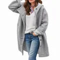 Detailed view of a long grey hooded wool coat for women with single-breasted closure - S / Tops / Gray