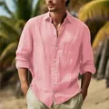 Casual pink linen long sleeve button-up shirt for men showcased in a beach setting - S / Tops / Pink