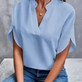 Detailed view of light blue V-neck pullover blouse with elegant short slit sleeves - Sapphire Blue
