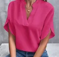 Detailed view of women's fuchsia V-neck blouse with elegant split short batwing sleeves - Rose Red