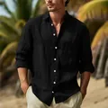 Classic men's black linen long sleeve button-down summer beach shirt in breathable fabric - Black