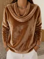 Detail view of a soft brown velvet long sleeve top with a stylish cowl neck design. - S / Tops / Gray
