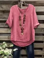 Blouse décontractée en coton mélangé rose avec col en V et manches retroussables - S / Hauts / Rose