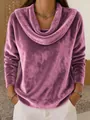 Close-up detail of mauve plush cowl neck sweater featuring soft velvet-like texture - S / Tops / Rose Red