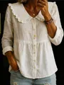 Elegant white cotton linen shirt for women with ruffled doll collar detail - S / Tops / White