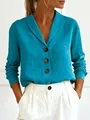 Elegant turquoise long-sleeved cotton linen button-down shirt for women in detail view - S / Tops / Teal
