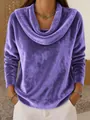 Close-up of a soft purple plush long-sleeved sweater with a draped cowl neck design - S / Tops / Purple