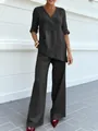 Conjunto de algodón y lino para mujer en gris carbón con top con cuello en V y pantalón - S / Top Y Pantalón / Negro