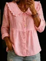 Close-up of pink cotton linen shirt with ruffled Peter Pan collar and buttons - S / Tops / Pink