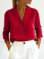 Detailed view of an elegant red cotton-linen blouse featuring a stylish shawl collar. - S / Tops / Red