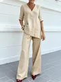 Conjunto casual de lino beige con top de cuello en V y pantalones anchos en modelo - S / Top Y Pantalón / Albaricoque