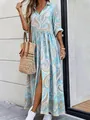 Elegant blue paisley print maxi dress with lapel collar and half sleeves for beach - S / Top And Bottom / Light Blue Paisley